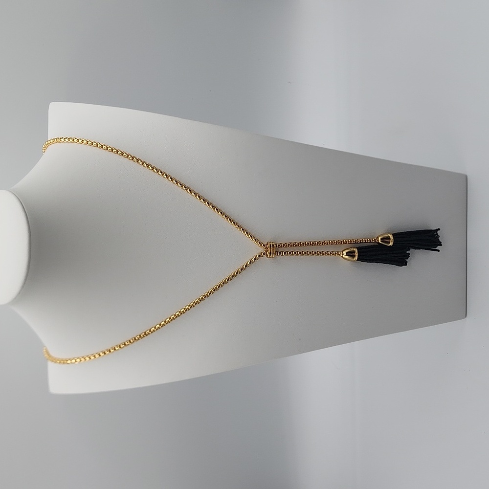 J. Crew Gold and Black Beaded Tassel Lariat Necklace